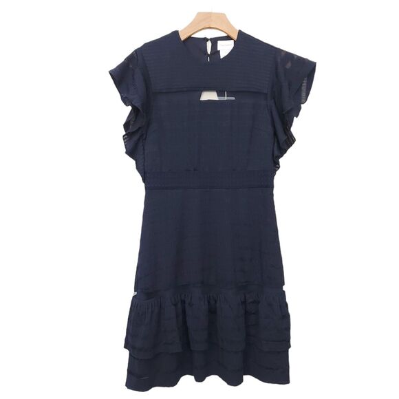 Foxiedox Tiered Dress Womens Large Navy Butterfly Sleeve Open Back Lined Casual - Picture 1 of 13